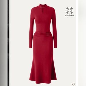 OGL Move Red Ruched Midi Dress Built-In Bra Long Sleeve Bodycon Size S